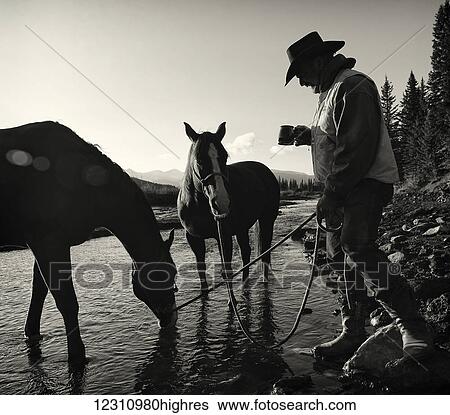 Stock Photograph - Cowboy having his morning coffee at the edge of a river with his horses, Ya-Ha-Tinda Ranch, Clearwater County; Alberta, Canada. Fotosearch