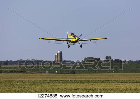 Stock Photography - Crop duster flying low over a corn field with silos in the background, near Coggon; Iowa, United States of America. Fotosearch