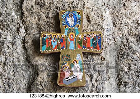 Stock Photograph - Cross with paintings depicting the life of Jesus at Khor Virap Monastery; Ararat Province, Armenia. Fotosearch