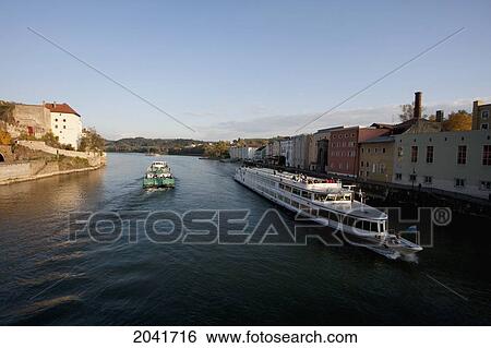 Stock Photograph - Cruise Ship On The Danube River, Passau, Bavaria, Germany. Fotosearch