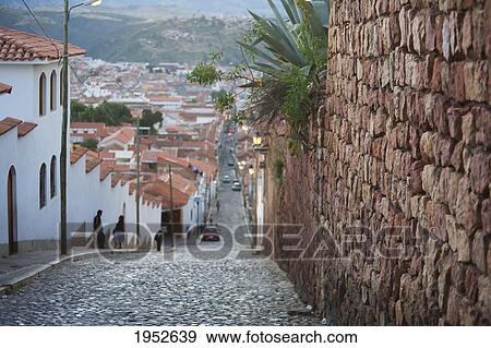 Stock Photo - Dalence Street At Dusk, Sucre, Chuquisaca Department, Bolivia. Fotosearch