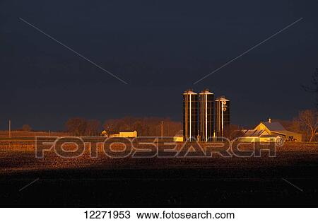 Stock Image - Dramatic sunrise light casting across harvested fallow cornfields and a farmstead with Harvestore silos, near Truman; Minnesota, United States of America. Fotosearch