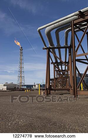 Stock Photo - Elevated oil pipelines and a flare tower on Endicott Island in the Prudhoe Bay Oil field, North Slope, Arctic Alaska, Summer. Fotosearch