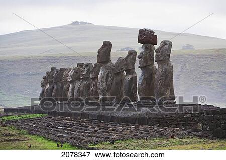 Stock Photo - Fifteen Moais From Different Periods, Restored By Archaeologist Claudio Cristino, At Ahu Tongariki At Dawn, Rapa Nui (Easter Island), Chile. Fotosearch