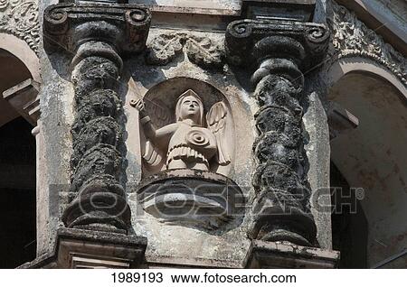 Stock Image - Figure In The Baroque Facade Of The Santo Domingo Church, San Cristobal De Las Casas, Chiapas, Mexico. Fotosearch