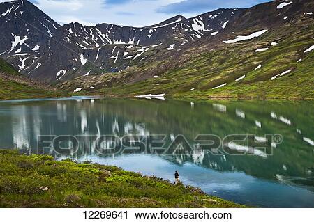 Stock Image - Fisherman casting at Symphony Lake, Chugach State Park Southcentral Alaska, Summer.. Fotosearch