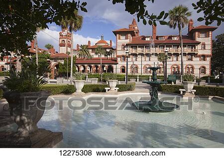 Stock Photo - Flagler College Ponce de Leon Hall with a large pool and fountain in the foreground; St. Augustine, Florida, United States of America. Fotosearch