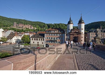 Stock Image - Gate Of The Karl-Theodor Bridge (Old Bridge) Over The Neckar River, Heidelberg, Baden-Wurttemberg, Germany. Fotosearch