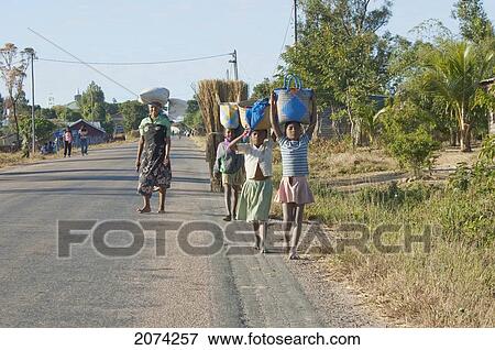 Girls Carrying Bags On Their Heads On A Road Near Ranohira, Fianarantsoa Province, Madagascar View Large Photo Image Stock Photo - Girls Carrying Bags On Their Heads On A Road Near Ranohira, Fianarantsoa Province, Madagascar. Fotosearch