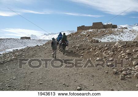 Stock Image - Hazara Women On Donkeys At The Hajigak Pass, Vardak Province, Afghanistan. Fotosearch