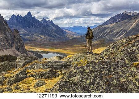 Hiker standing on a rock overlooking the colourful valleys in Tombstone Territorial Park in autumn; Yukon, Canada View Large Photo Image Stock Image - Hiker standing on a rock overlooking the colourful valleys in Tombstone Territorial Park in autumn; Yukon, Canada. Fotosearch