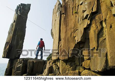Hiker viewing the Balancing Rock and basalt rock cliffs, Long Island, Bay of Fundy; Nova Scotia, Canada View Large Photo Image Stock Photograph - Hiker viewing the Balancing Rock and basalt rock cliffs, Long Island, Bay of Fundy; Nova Scotia, Canada. Fotosearch