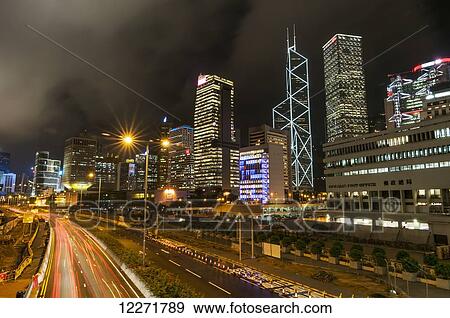Stock Photo - Hong Kong island at night with the famous Bank of China Building; Hong Kong, China. Fotosearch