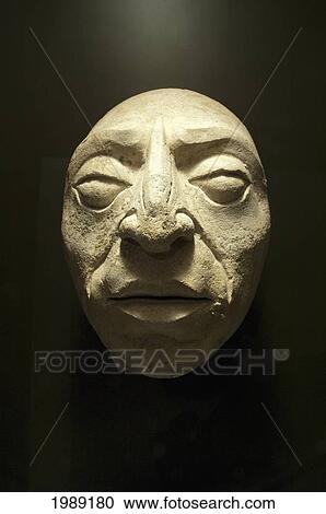 Stock Image - Human Face Carved In Stucco, Alberto Ruz Lhuillier Site Museum, Palenque, Chiapas, Mexico. Fotosearch