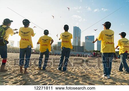 Stock Image - International Kite Festival, a spectacular kite exhibition with participants from all over the world; Xiamen, Fujian province, China. Fotosearch