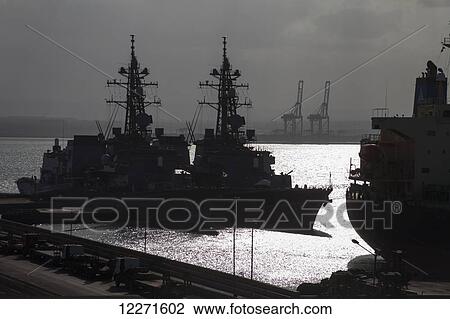 Stock Image - International navy vessels on anti-piracy duty, Djibouti Port; Djibouti, East Africa. Fotosearch