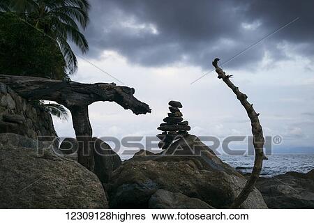 Stock Photograph - Inuksuk and tree branches on boulders along the shore with a palm tree; Yalepa, Jalisco, Mexico. Fotosearch