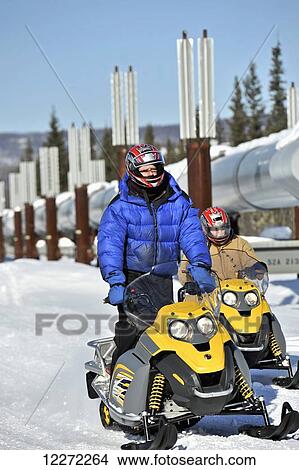 Picture - Iron Dog Adventure guide leads a snowmachine tour along a section of the Trans-Alaska Pipeline near Chena Hot Springs Road outside of Fairbanks in Interior Alaska. Fotosearch