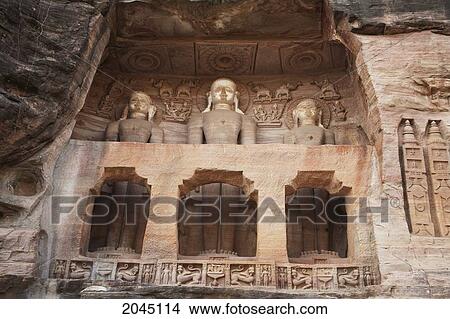 Picture - Jain Sculptures Carved In To The Cliff On The Southern Approach To The Fort, Gwalior, Madhya Pradesh, India. Fotosearch