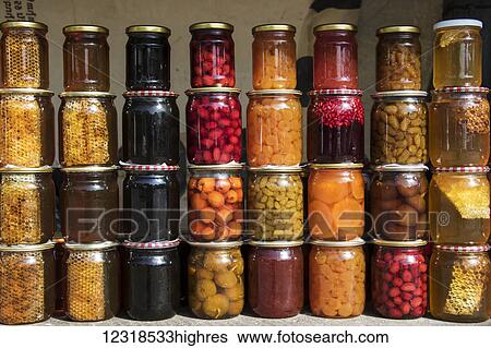 Stock Photograph - Jars with fruit preserves, Azat Valley; Garni, Kotayk Province, Armenia. Fotosearch