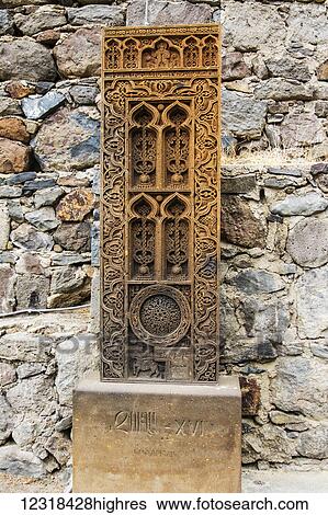 Stock Photograph - Khachkar, an Armenian cross-stone at Geghard Monastery, Azat Valley; Armenia. Fotosearch