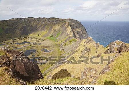 Stock Image - Lagoon Inside The Caldera Of Rano Kau Volcano, As Seen From The Rim, Rapa Nui (Easter Island), Chile. Fotosearch