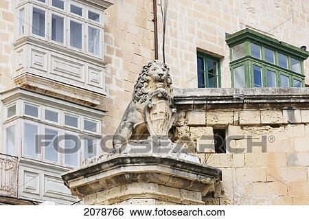 Lion Statue And Building With Enclosed Balconies, Valletta, Malta View Large Photo Image Stock Photograph - Lion Statue And Building With Enclosed Balconies, Valletta, Malta. Fotosearch