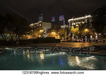 Stock Photograph - Little Venice water park at night; Baku, Azerbaijan. Fotosearch