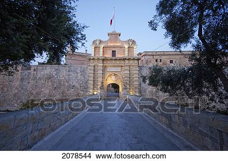 Picture - Main Gate At Dusk,, Mdina, Malta. Fotosearch