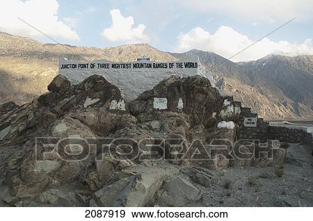 Stock Photo - Marker At The Point Where The Himalayas, Karakoram And Hindu Kush Mountain Ranges Meet, Northern Areas, Pakistan. Fotosearch