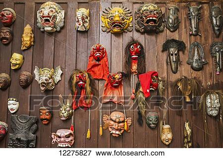 Stock Photo - Masks on display at Saptohoedojo Art Gallery, Yogyakarta, Java Island, Indonesia. Fotosearch