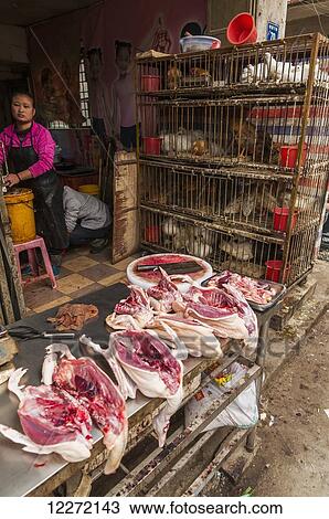 Stock Image - Meat shops with live animals in the Chinese villages; Xiamen, Fujian province, China. Fotosearch