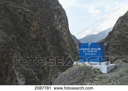 Stock Image - Memorial Marker To The Builders Of Highway S1 (Gilgit To Skardu) By The Indus River Gorge, Skardu, Northern Areas, Pakistan. Fotosearch
