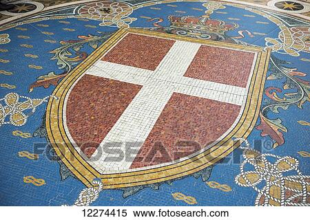 Stock Photography - Milan flag as tile mosaic on floor; Milan, Lombardy, Italy. Fotosearch