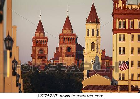 Stock Photo - Morning sunlight on the city spires of downtown St Augustine as viewed from the Bridge of Lions; St. Augustine, Florida, United States of America. Fotosearch