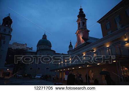 Stock Photography - Mozartplatz with the Castle on the hill above it; Salzburg, Austria. Fotosearch