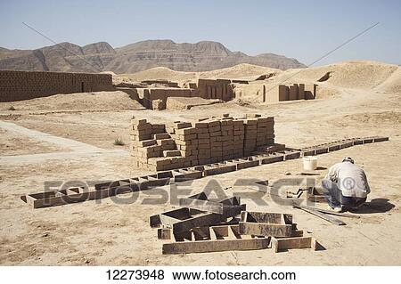 Stock Photo - Mud brick renovation, Old Parthian capital, Nisa, near Ashgabat; Turkmenistan. Fotosearch