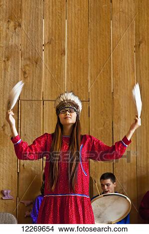 Picture - Native dancers perform at the Alaska Native Heritage Center in Anchorage, Southcentral Alaska, Summer.. Fotosearch