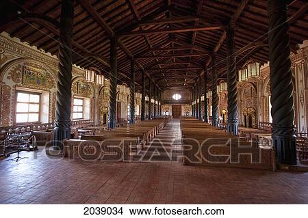 Picture - Nave, Frescoes With Tropical Motifs On The Walls And Main Entrance, Jesuit Mission Of Concepcion, Santa Cruz Department, Bolivia. Fotosearch