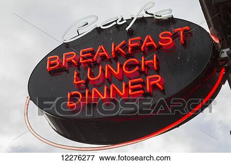 Neon sign for a cafe advertising breakfast, lunch and dinner; Amsterdam, Netherlands View Large Photo Image Stock Photo - Neon sign for a cafe advertising breakfast, lunch and dinner; Amsterdam, Netherlands. Fotosearch