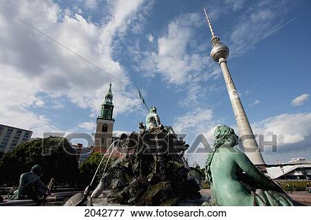 Neptune Fountain, Television Tower And St. Mary's Church, Berlin, Germany View Large Photo Image Stock Photo - Neptune Fountain, Television Tower And St. Mary's Church, Berlin, Germany. Fotosearch