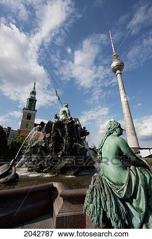 Neptune Fountain, Television Tower And St. Mary's Church, Berlin, Germany View Large Photo Image Stock Photo - Neptune Fountain, Television Tower And St. Mary's Church, Berlin, Germany. Fotosearch