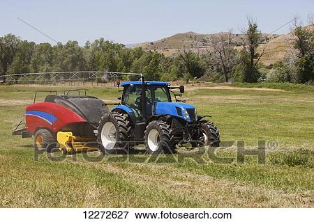 Stock Photo - New Holland T7 Tractor with BB340 large square baler baling alfalfa in a river bottom with irrigation in background; Preston, Idaho, United States of America. Fotosearch