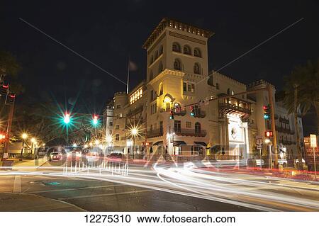 Nighttime time-lapse photo of streaming car lights at an intersection in downtown St. Augustine; St. Augustine, Florida, United States of America View Large Photo Image Stock Image - Nighttime time-lapse photo of streaming car lights at an intersection in downtown St. Augustine; St. Augustine, Florida, United States of America. Fotosearch