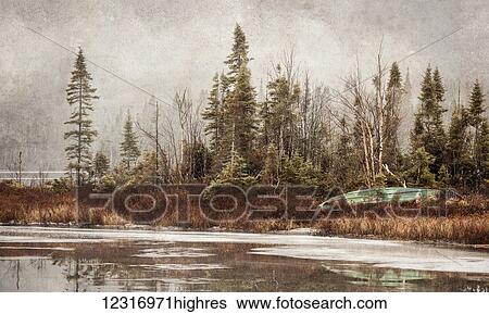 Stock Photograph - Northern autumn landscape in fog and ice; Thunder Bay, Ontario, Canada. Fotosearch