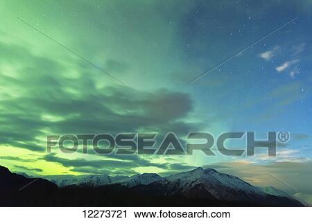 Northern Lights above the Chugach Mountains South of Girdwood, Southcentral Alaska, USA. View Large Photo Image Stock Image - Northern Lights above the Chugach Mountains South of Girdwood, Southcentral Alaska, USA.. Fotosearch