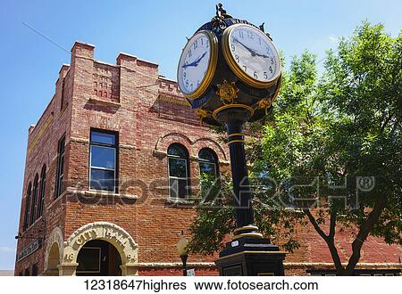 Stock Photograph - Old City Hall and town clock on Main Street; Wabasha, Minnesota, United States of America. Fotosearch