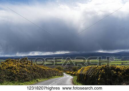 Stock Photograph - Ominous storm clouds over a wet road and farmland; Northumberland, England. Fotosearch