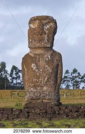 Stock Photo - One Of The Seven Moais (Restored In 1960 By Archaeologist William Mulloy) Of Ahu Akivivi, Rapa Nui (Easter Island), Chile. Fotosearch