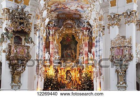 Ornate colourful painted interior of a Pilgrimage Church; Wies, Bayern, Germany View Large Photo Image Stock Image - Ornate colourful painted interior of a Pilgrimage Church; Wies, Bayern, Germany. Fotosearch